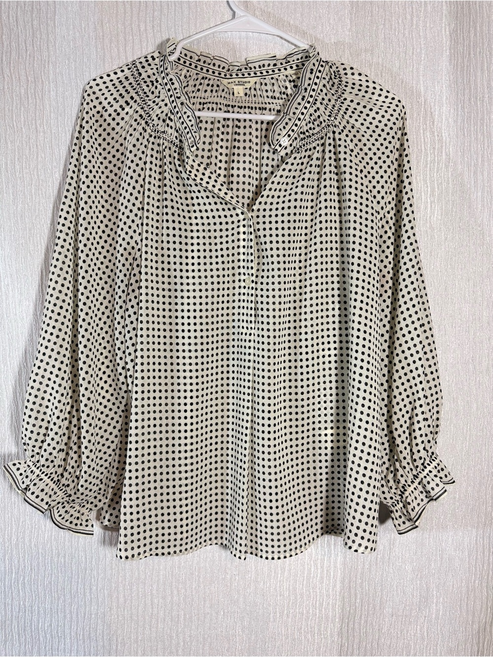 Max Studio Cream Blouse with Black Polka Dots and Ruffle Collar